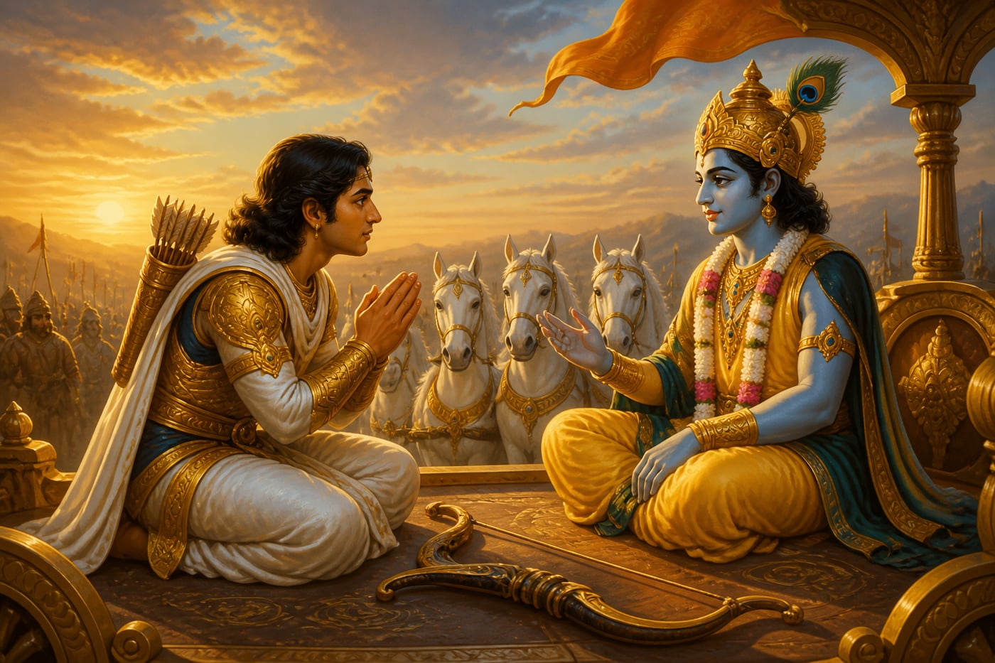 Arjuna leaning forward asking Krishna how wisdom appears in lived life
