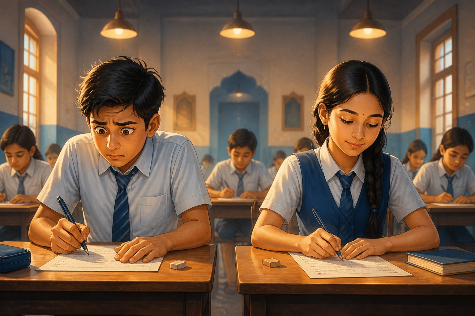Two students in an exam hall, one tense and one steady