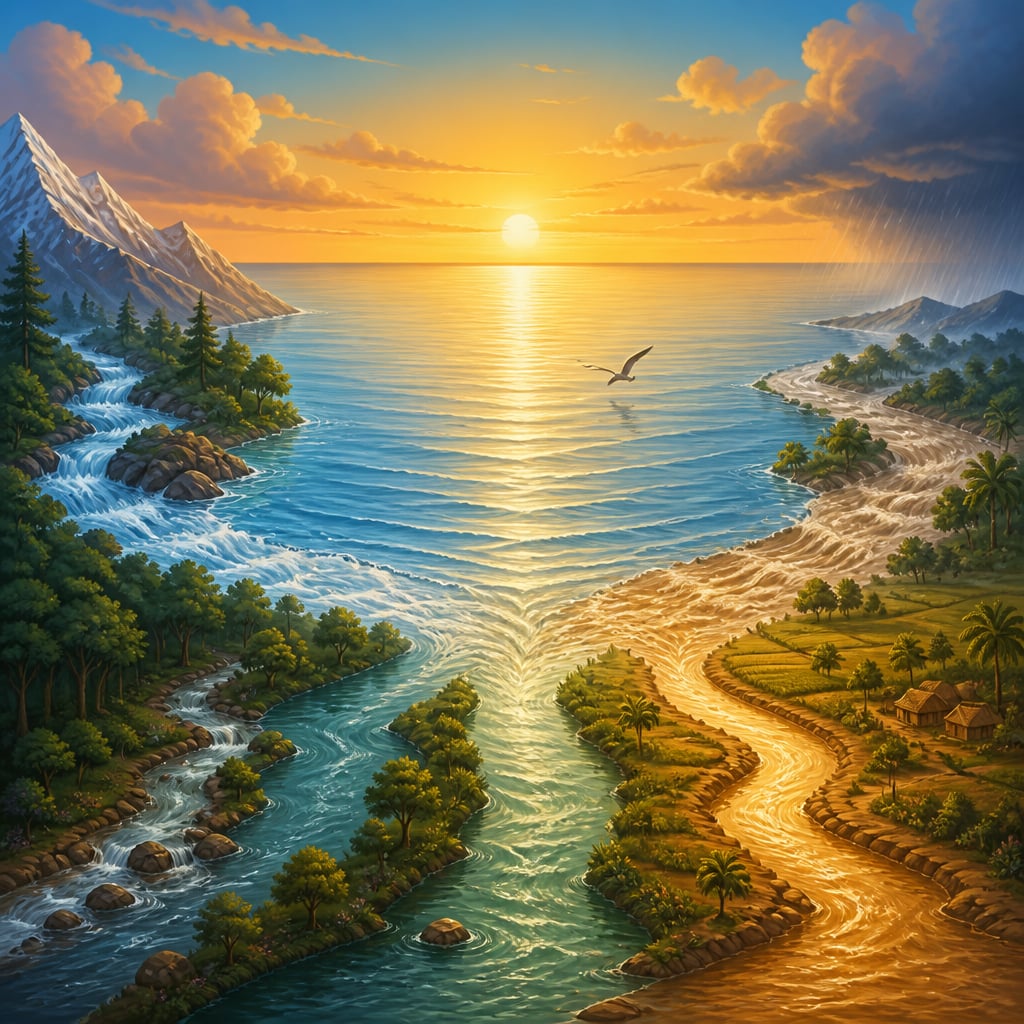 A vast tranquil ocean at sunrise receiving many rivers from different landscapes, the waters absorbed without ripple or disturbance