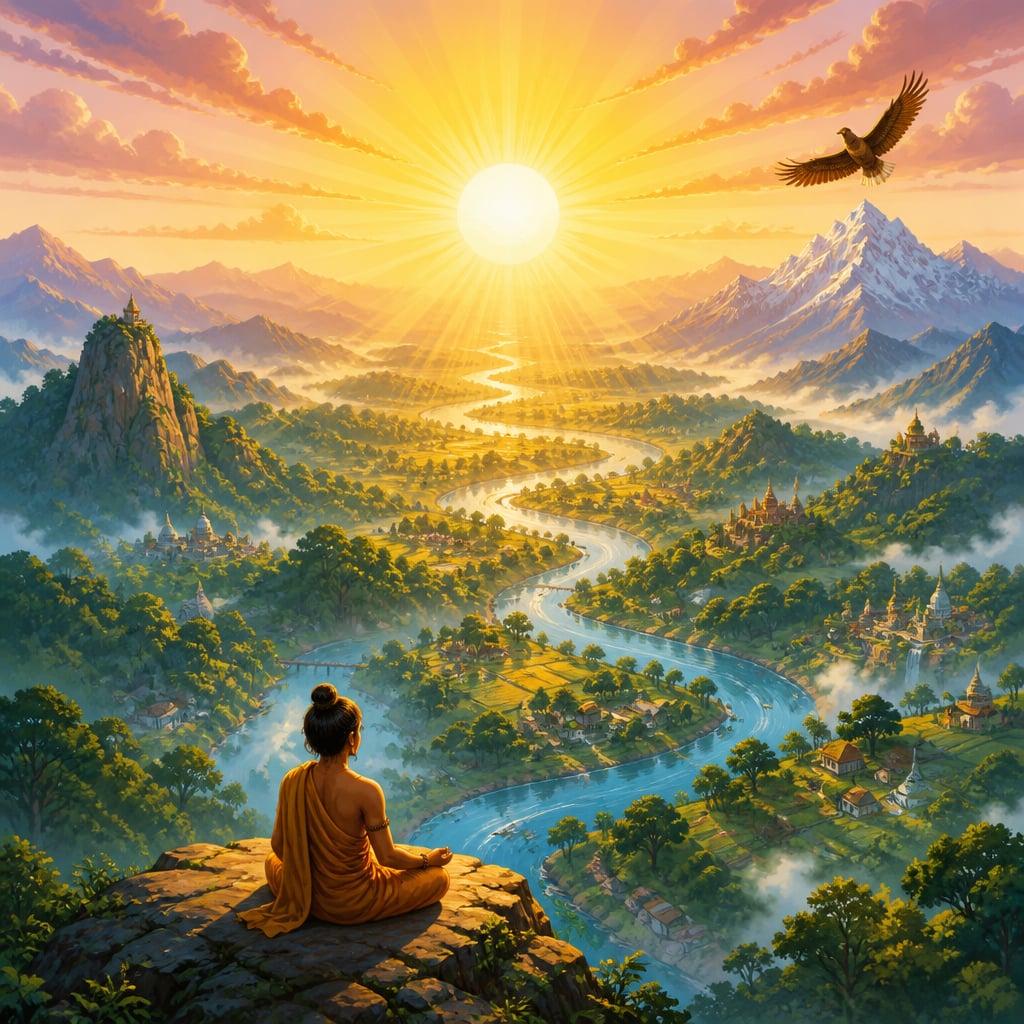 A luminous rising sun illuminating a wide landscape of forests, rivers, mountains and villages equally in golden light
