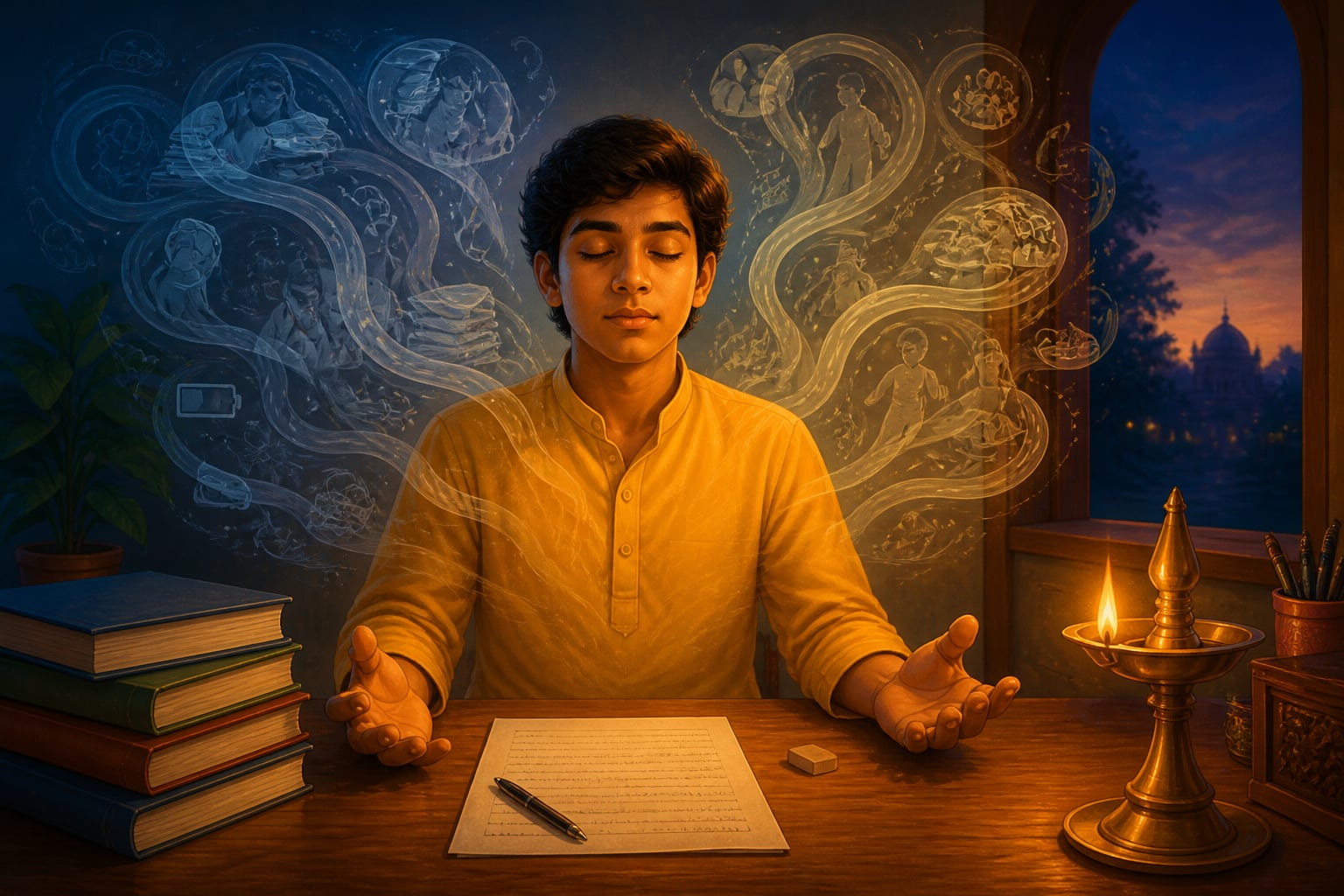 A young person stepping back from anxiety to recognize the witness within
