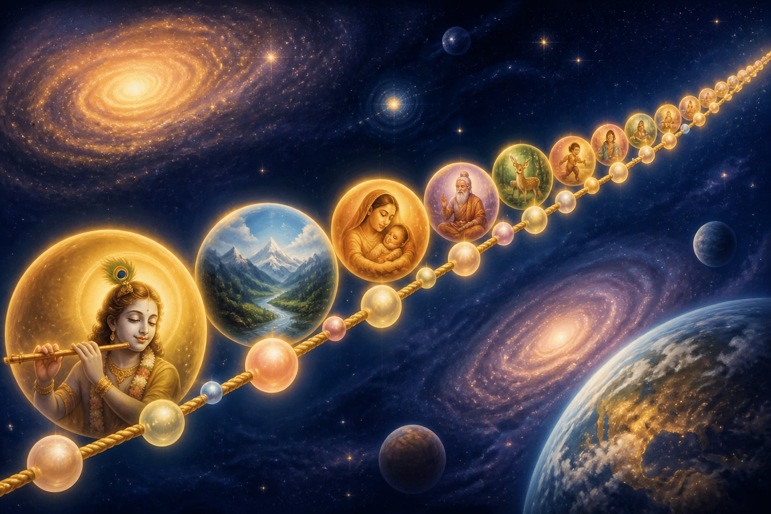 Pearls strung on a golden thread, the divine pervading all