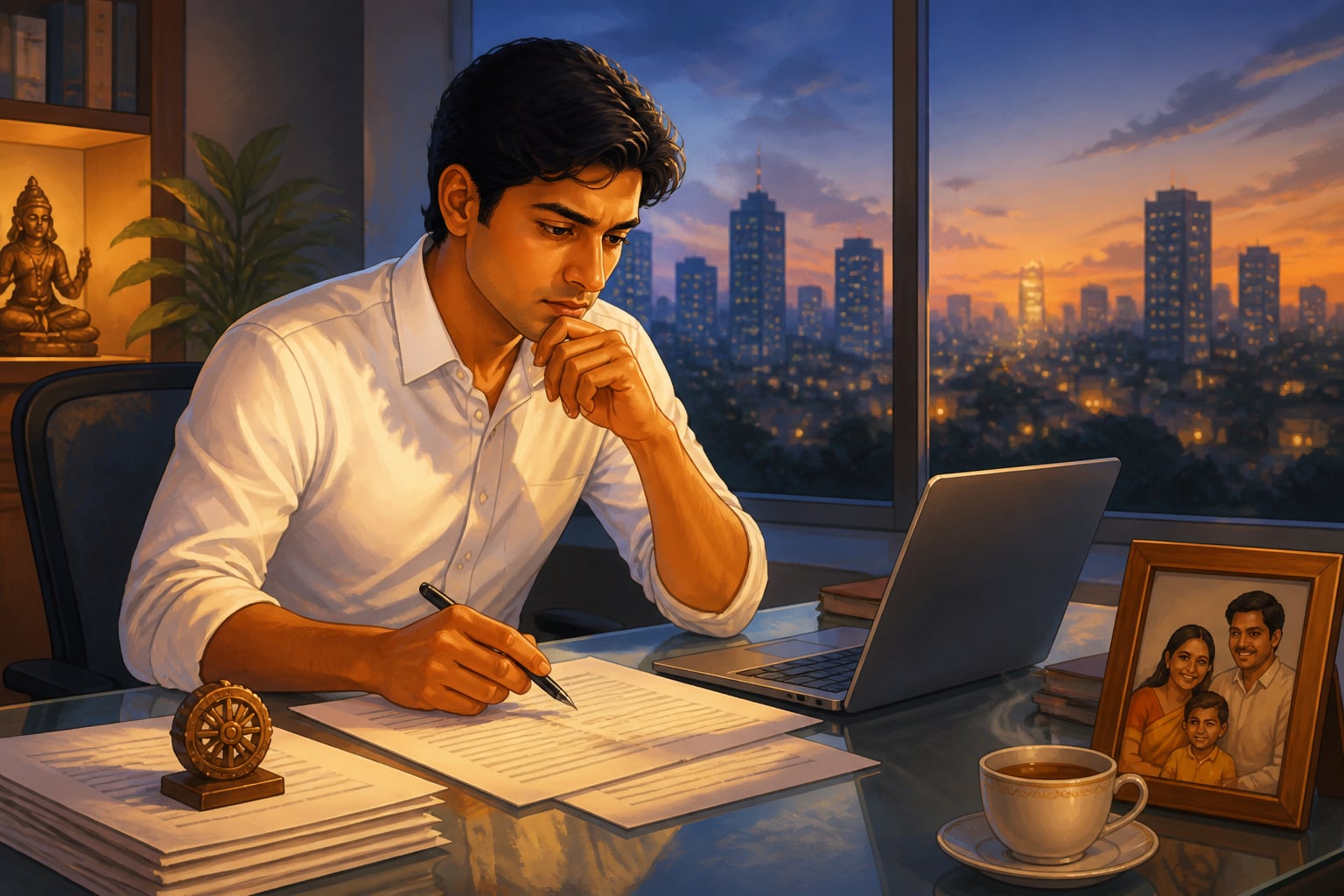 A young professional facing an ethical decision at their desk