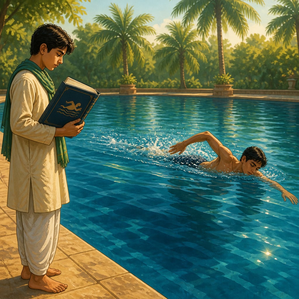 Two young people at a pool, one studying a thick book about swimming while the other glides confidently through the water, contrasting theory and lived practice