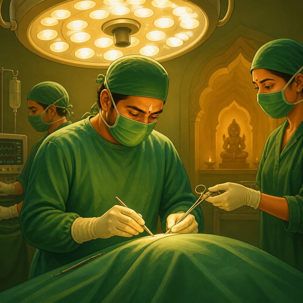 Indian surgeon in green scrubs working with steady focus at an operating table under a circular surgical lamp.