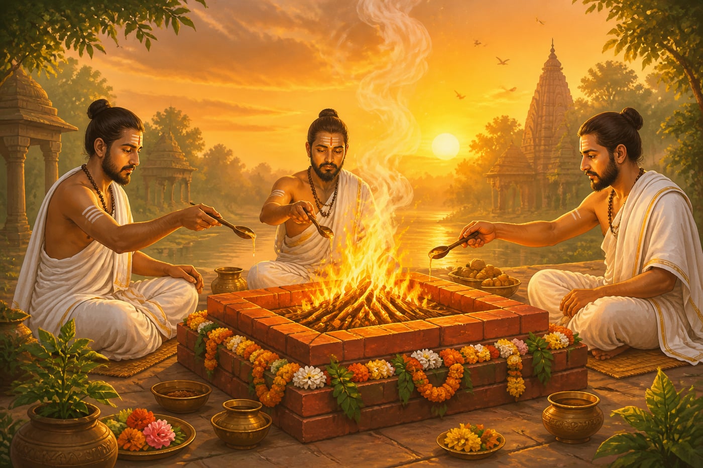 Brahmanas pouring ghee into a Vedic yajna fire