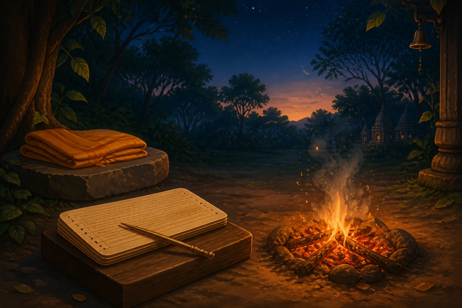 A hearth fire burning at twilight