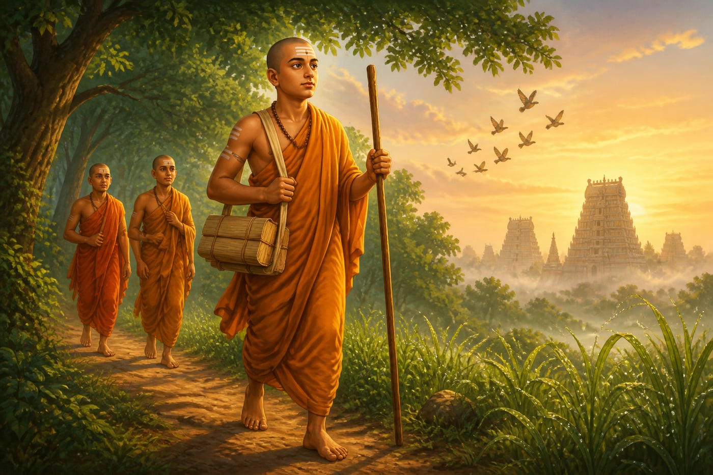 Young Adi Shankaracharya in ochre robes striding along a forest path at dawn with two disciples behind him.