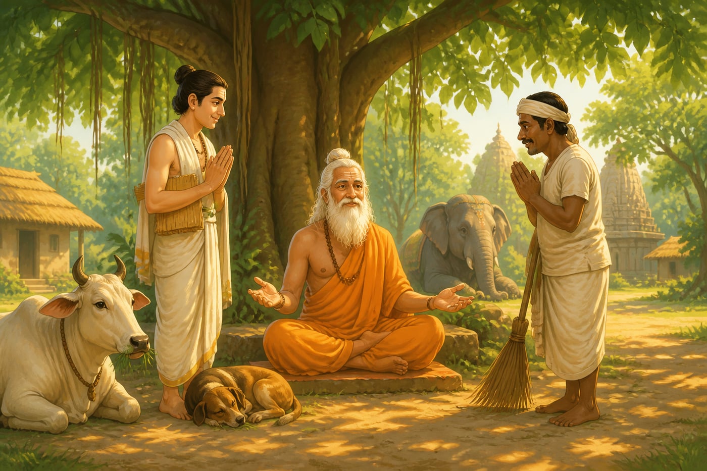 A sage of equal vision among brahmin, outcaste, cow, elephant, and dog