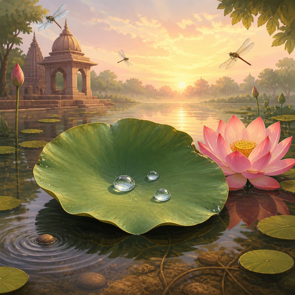 A green lotus leaf on a still temple pond at dawn with water droplets resting on its surface without wetting it.