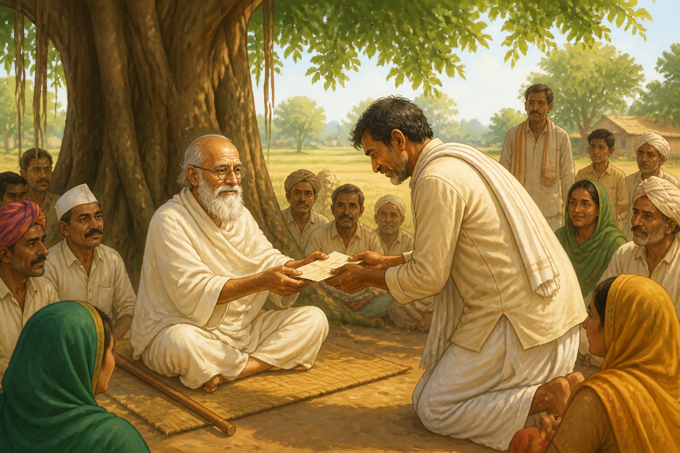 Vinoba Bhave receiving a Bhoodan land-deed under a banyan