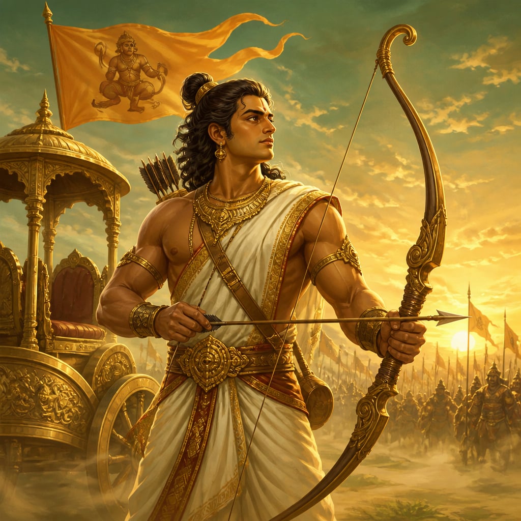 Arjuna standing resolute outside his chariot at Kurukshetra at dawn, Gandiva lifted, monkey-banner snapping above.