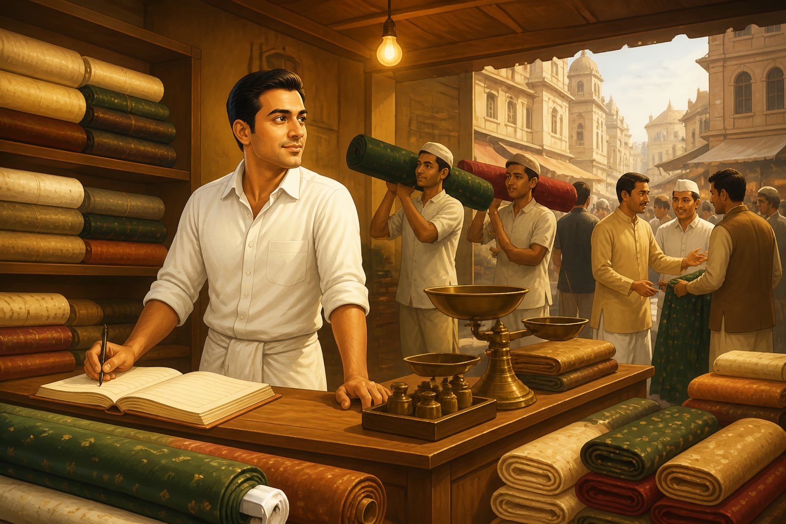 Young Dhirubhai Ambani at his early Bombay textile shop