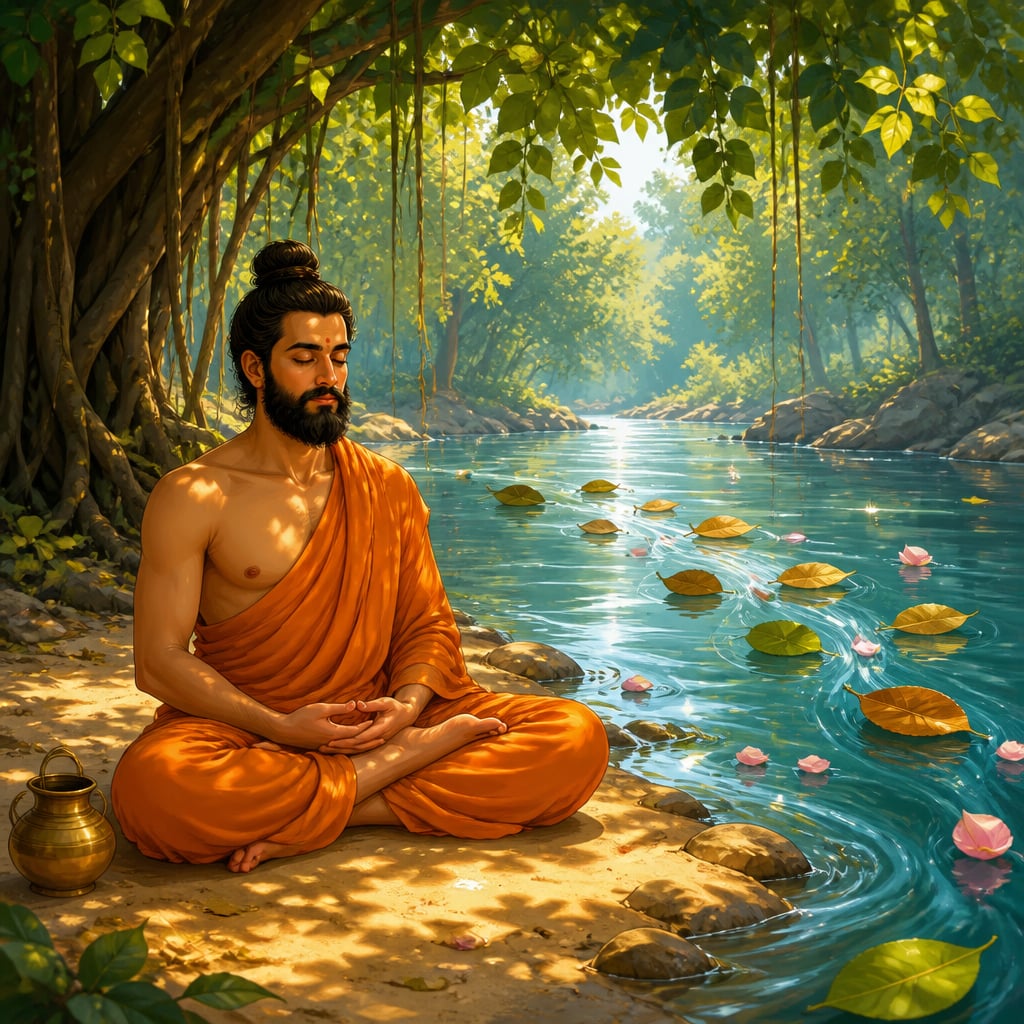 A yogi seated by a quiet forest river in midday meditation