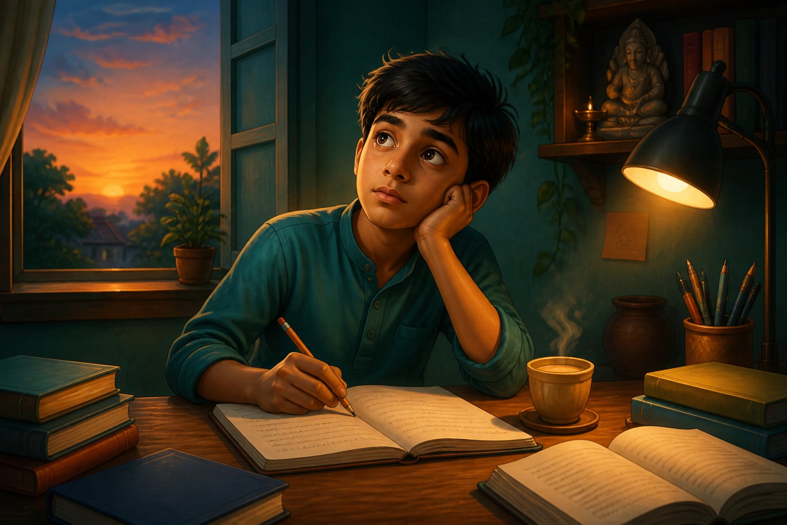 A student's mind wanders away from his exam books