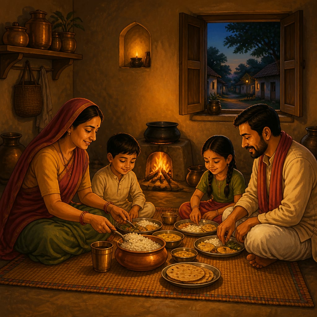 A warm hearth fire glowing in a peaceful village home at evening