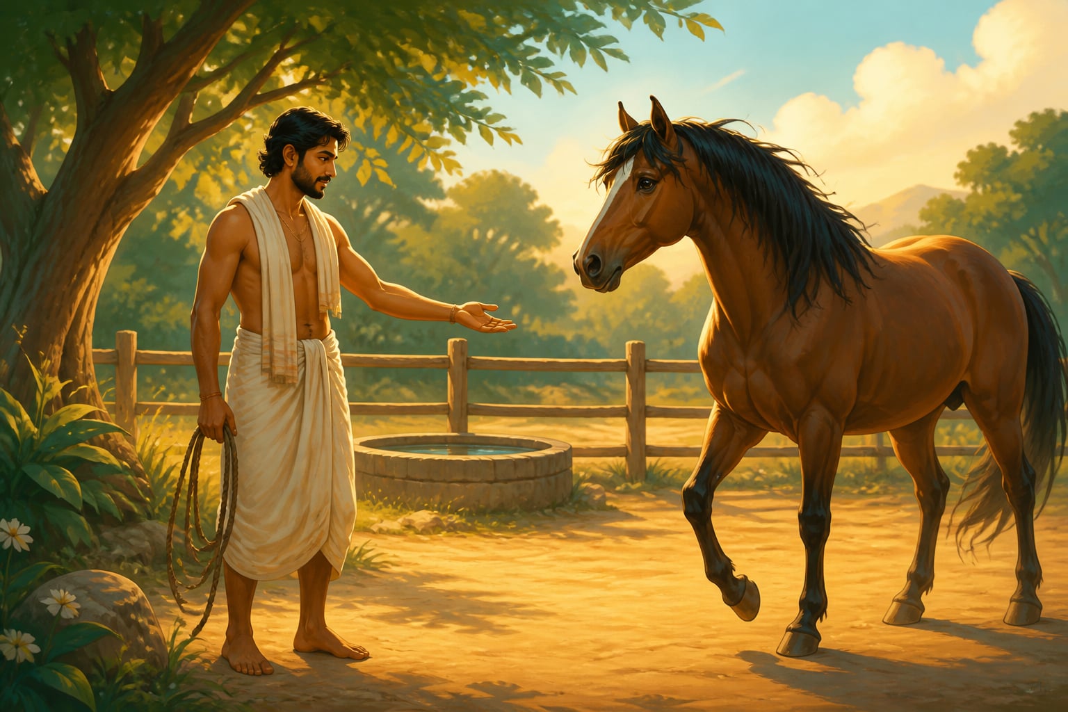 A stableman patiently gentles a wild horse instead of fighting it