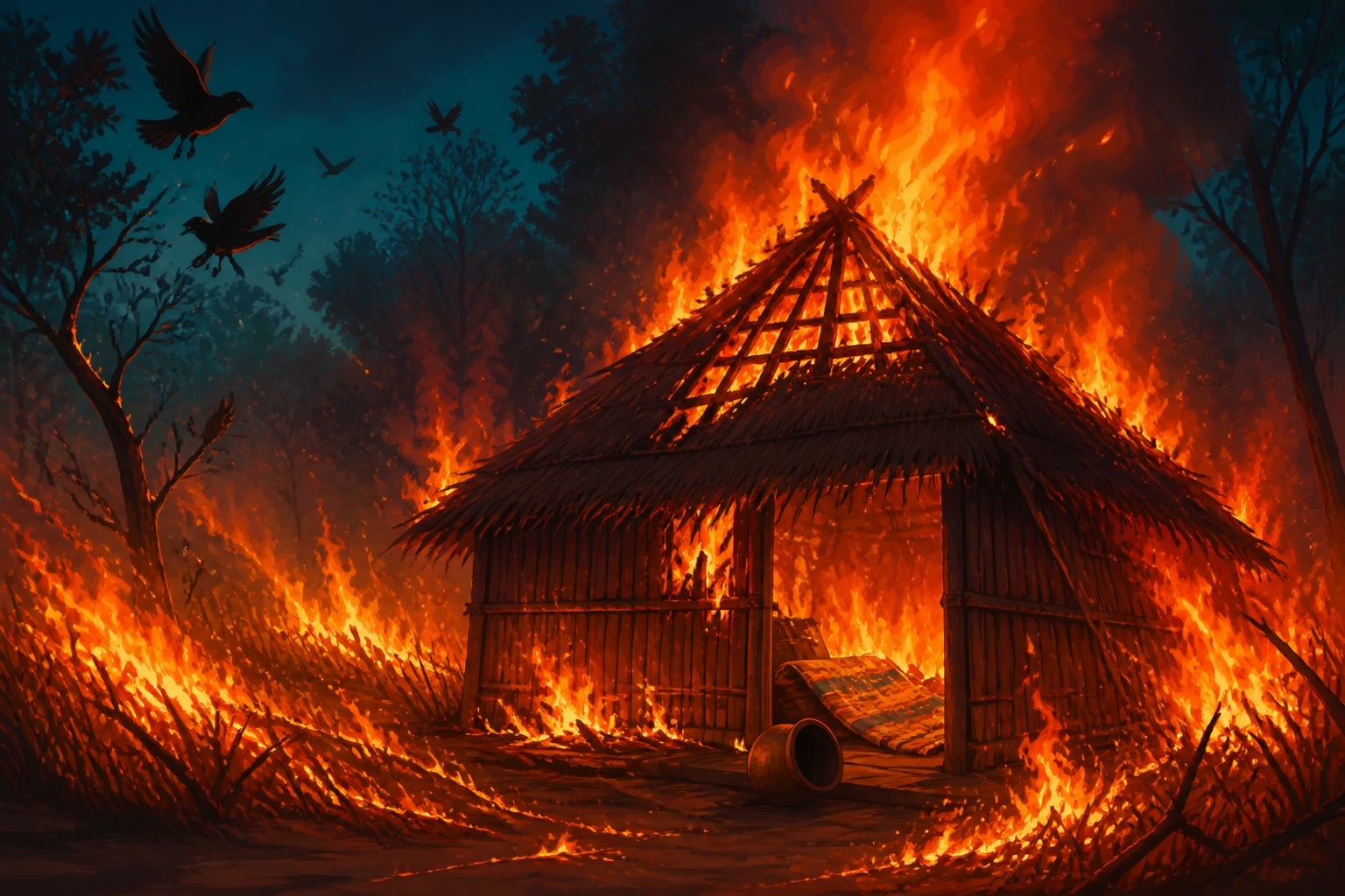 The same fire turned destructive consumes a hut at night