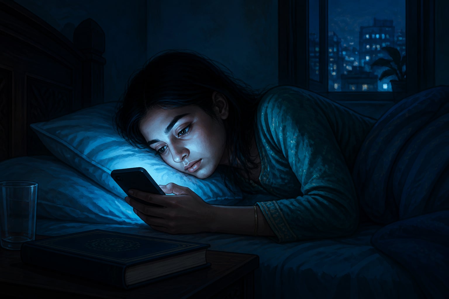A young woman's attention drained by an endless midnight scroll