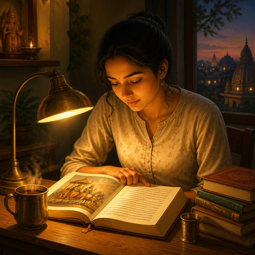 A young woman absorbed in reading the Bhagavad Gita by lamplight
