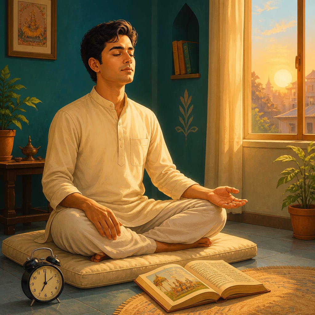 A young practitioner beginning meditation at sunrise in a small home