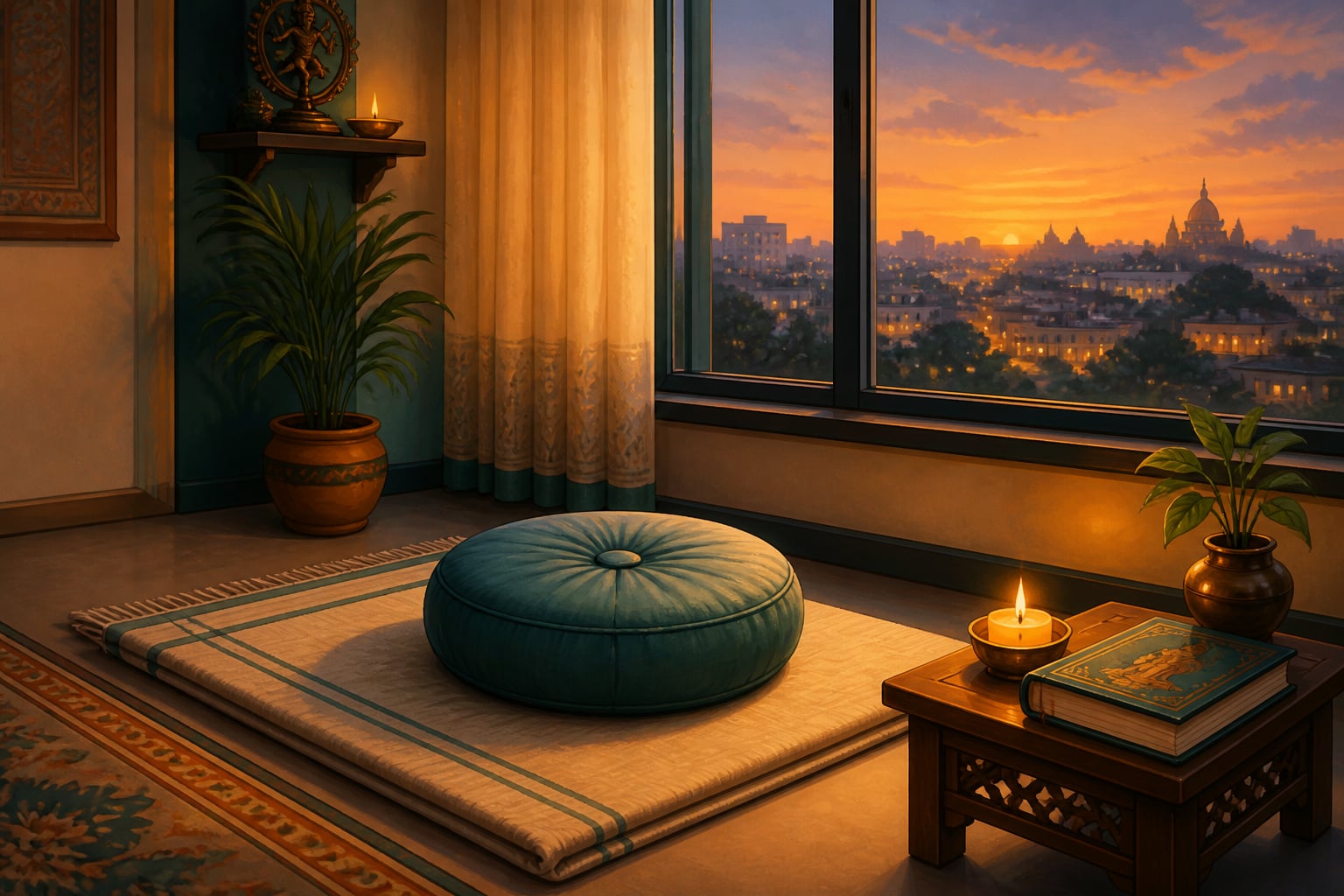 The home meditation corner prepared the evening before