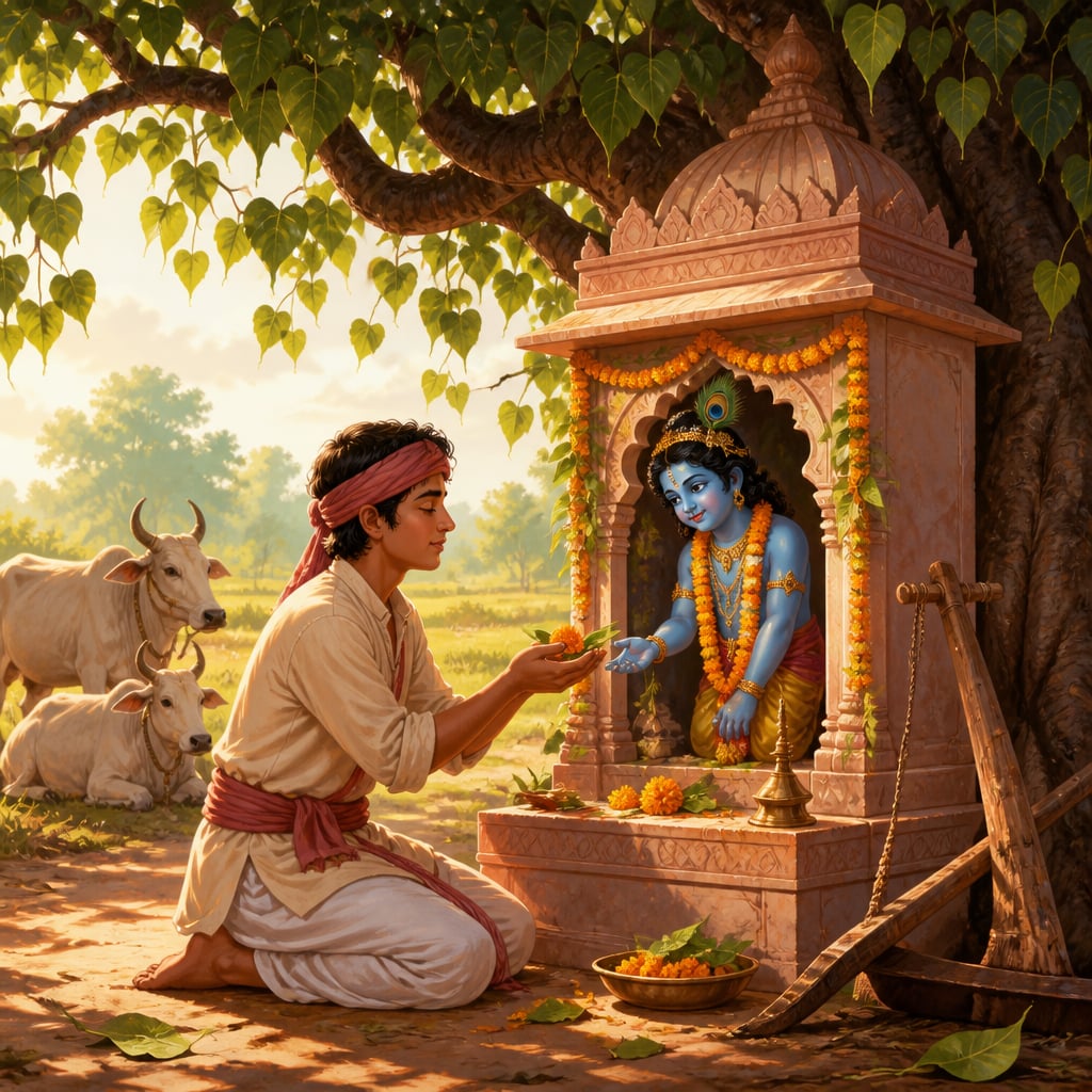 A young farmer offering a single tulsi leaf at a wayside Krishna temple under a peepal tree.