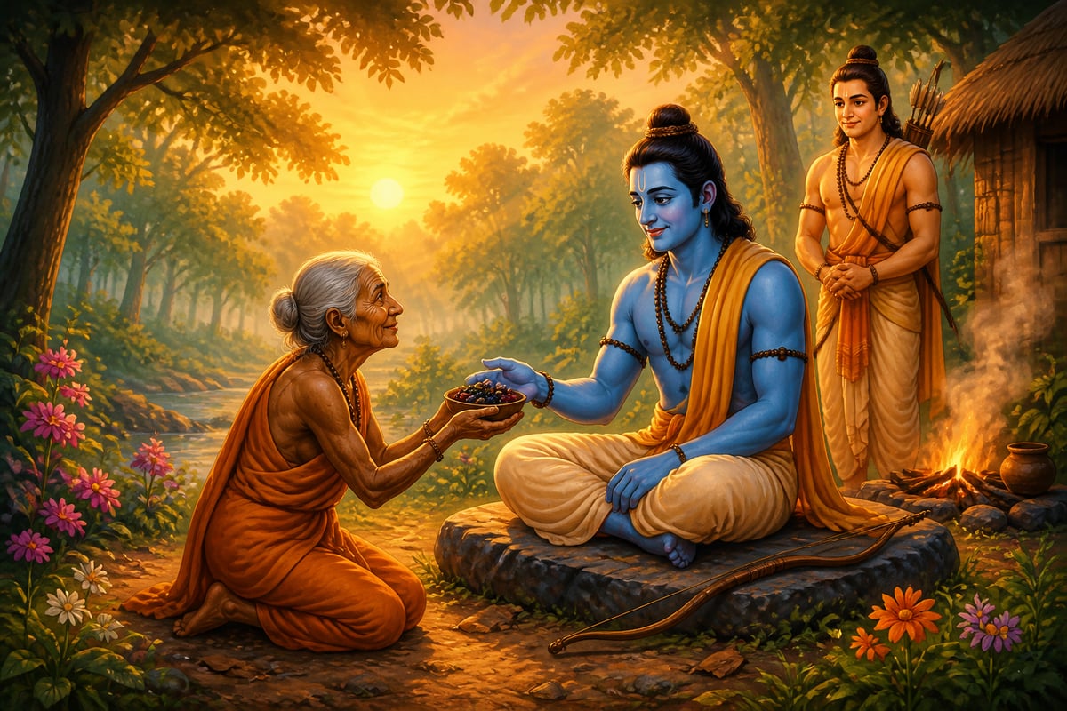 Shabari offering her half-eaten berries to Lord Rama in the forest
