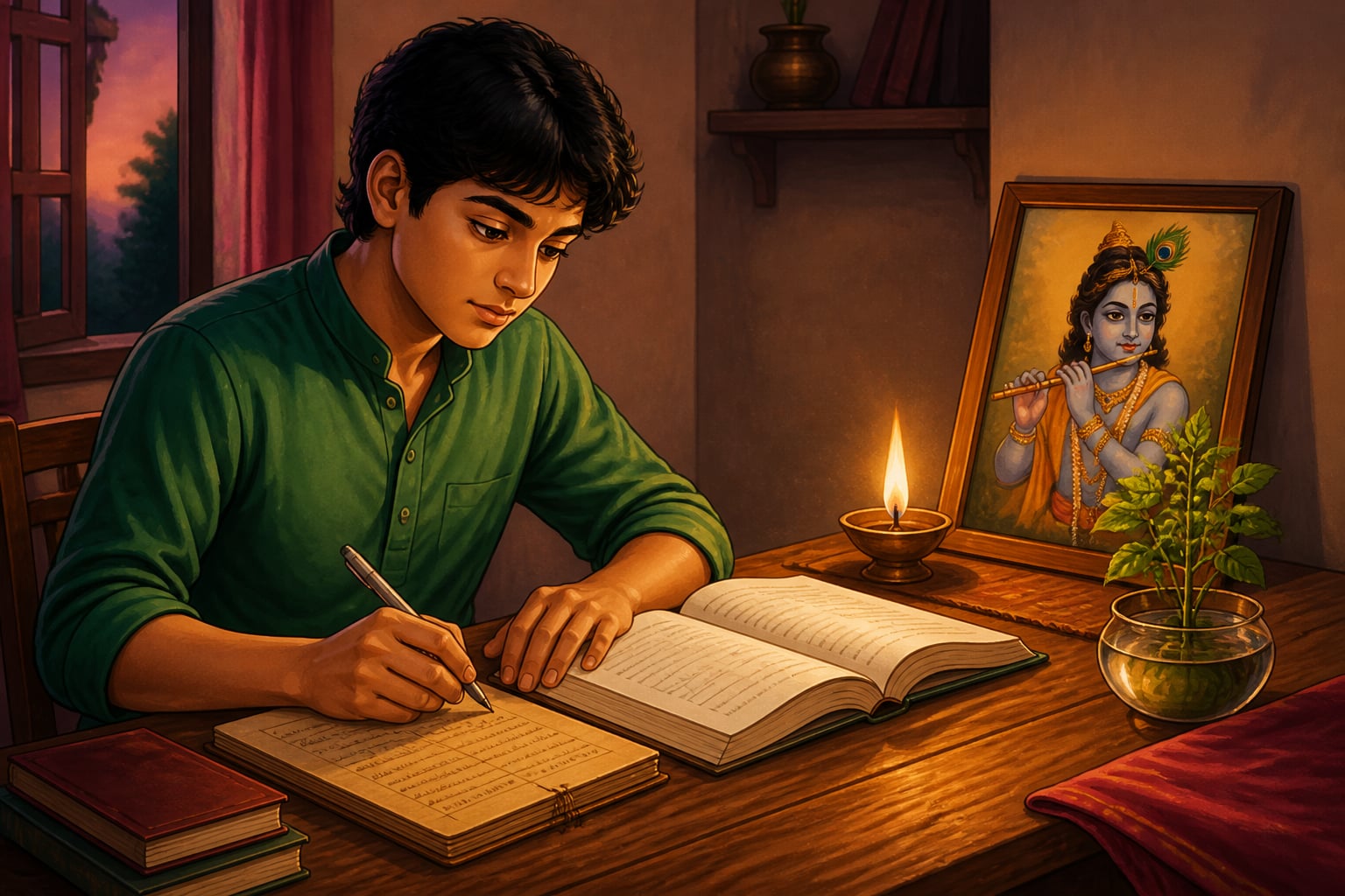 A modern student turning study itself into an offering at a simple desk