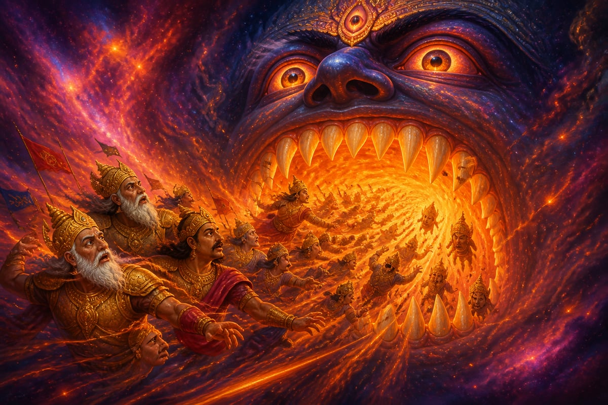 Krishna as Kala devouring the warriors of both armies in the cosmic vision