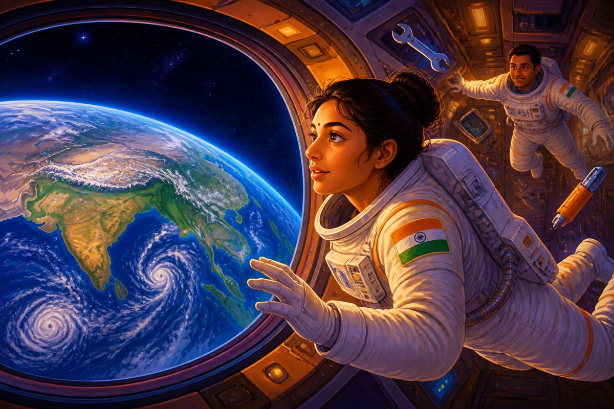 A modern astronaut beholding the small fragile Earth from orbit