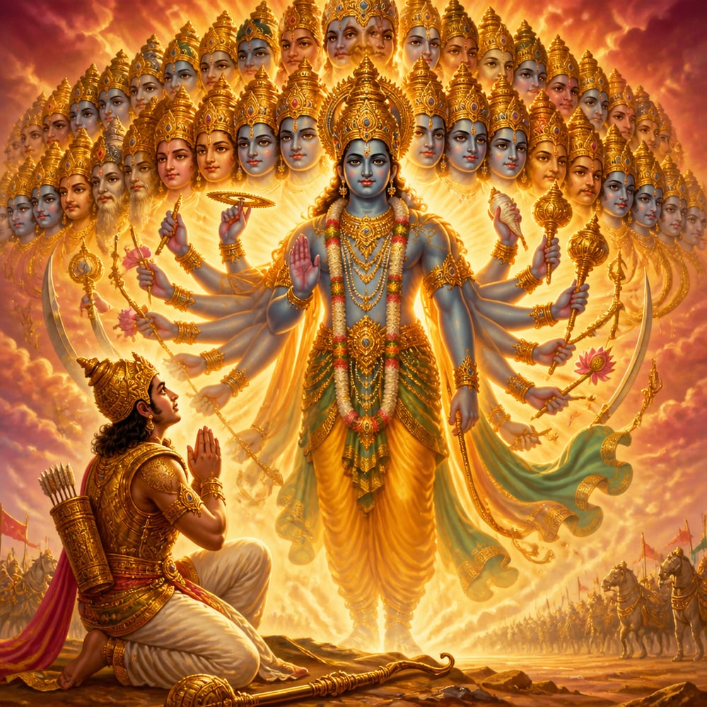 Krishna's Vishvarupa form blazing like a thousand suns with Arjuna kneeling before it.