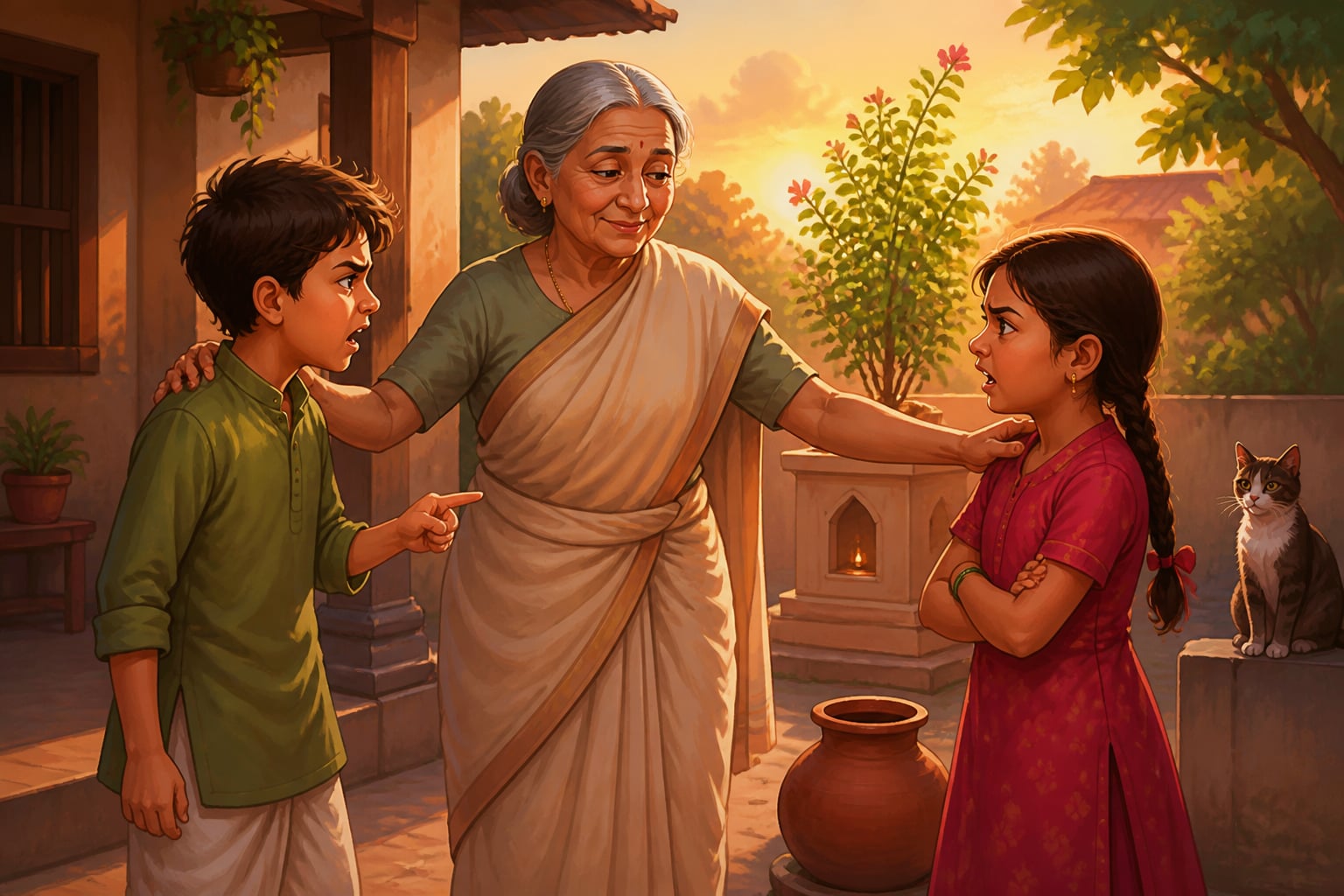 An elderly grandmother quietly mediating between neighbors with warm equanimity