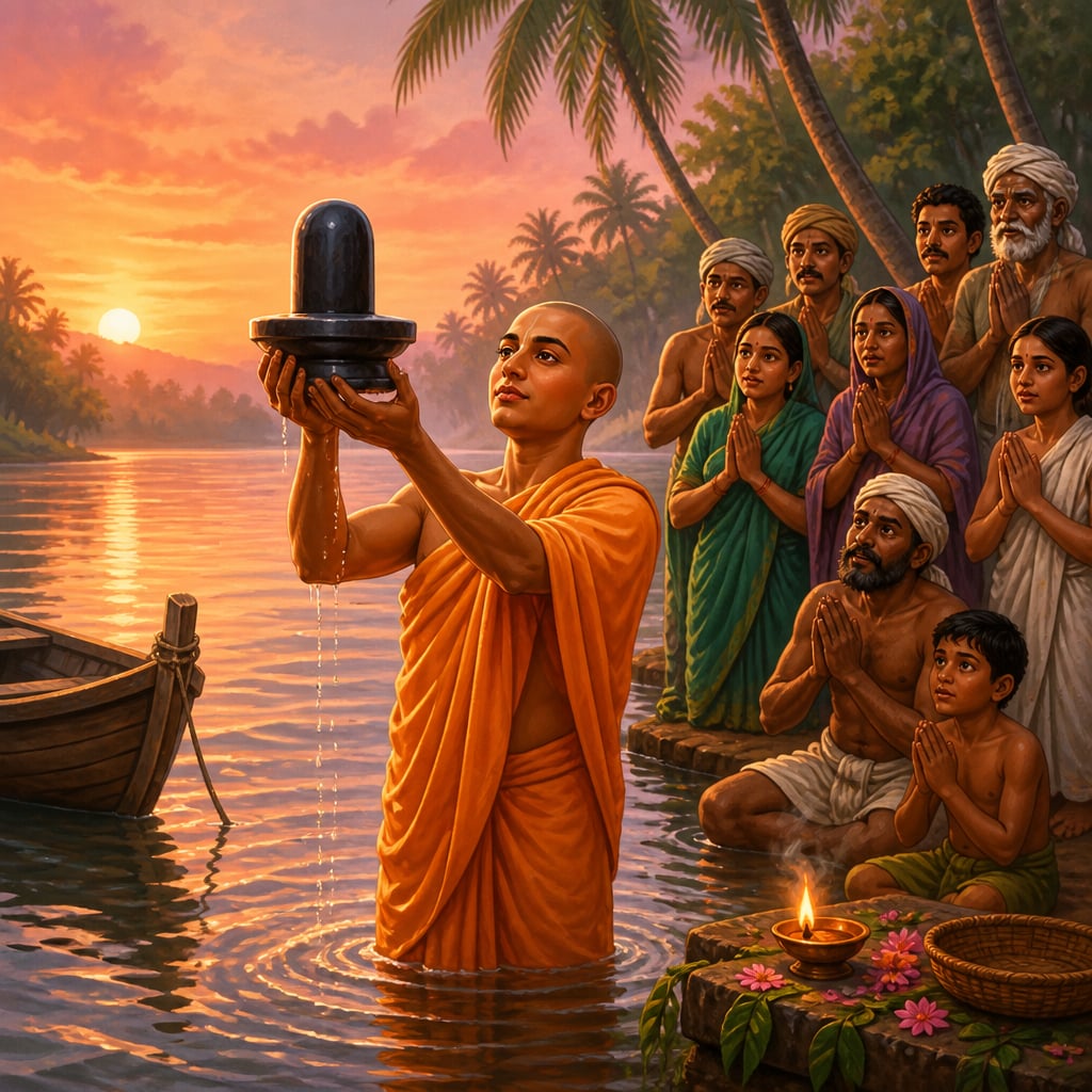 Narayana Guru consecrating a Shiva linga at Aruvippuram, opening worship to all castes.