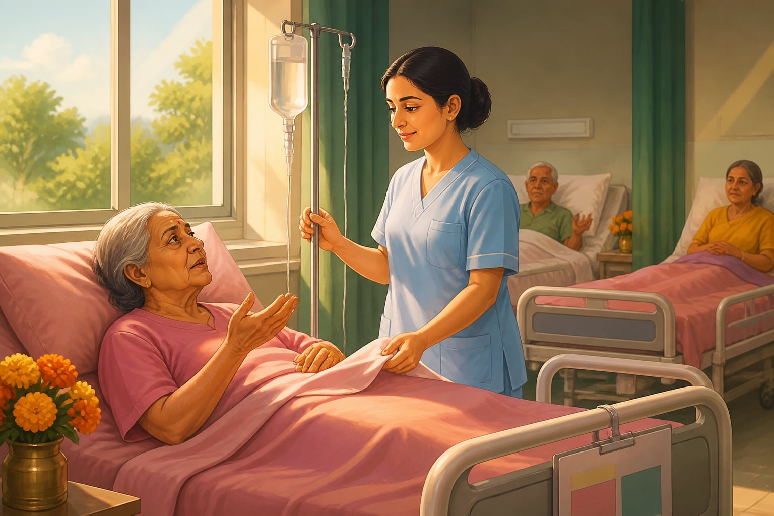 A modern nurse holding steady equanimity at an elderly patient's bedside