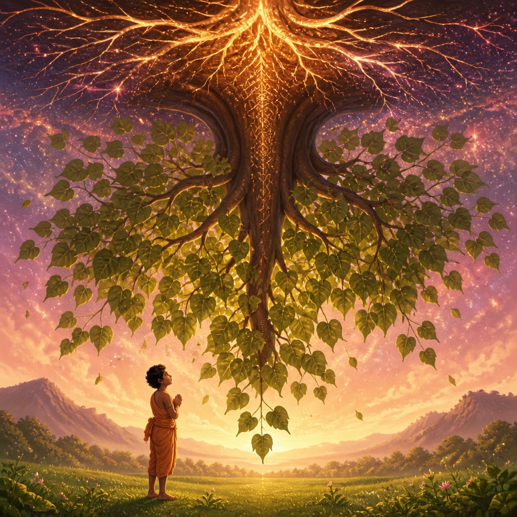 The cosmic upside-down Ashvattha tree with roots in the sky and branches reaching toward the earth.