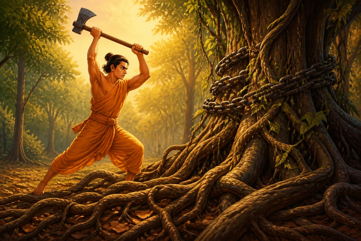 A seeker raising the axe of non-attachment to cut the tangled roots of the worldly tree