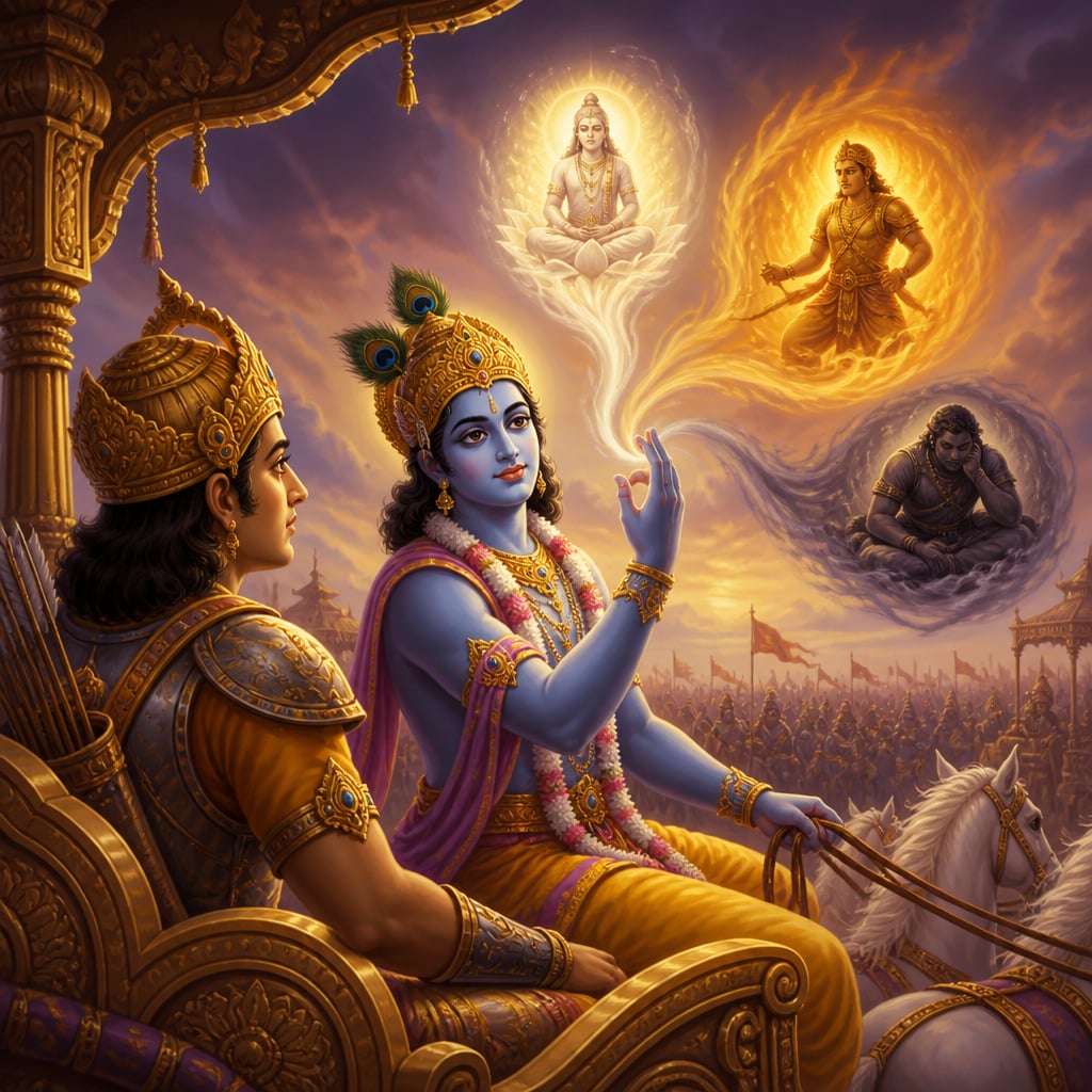 Krishna teaching Arjuna the three gunas from the chariot