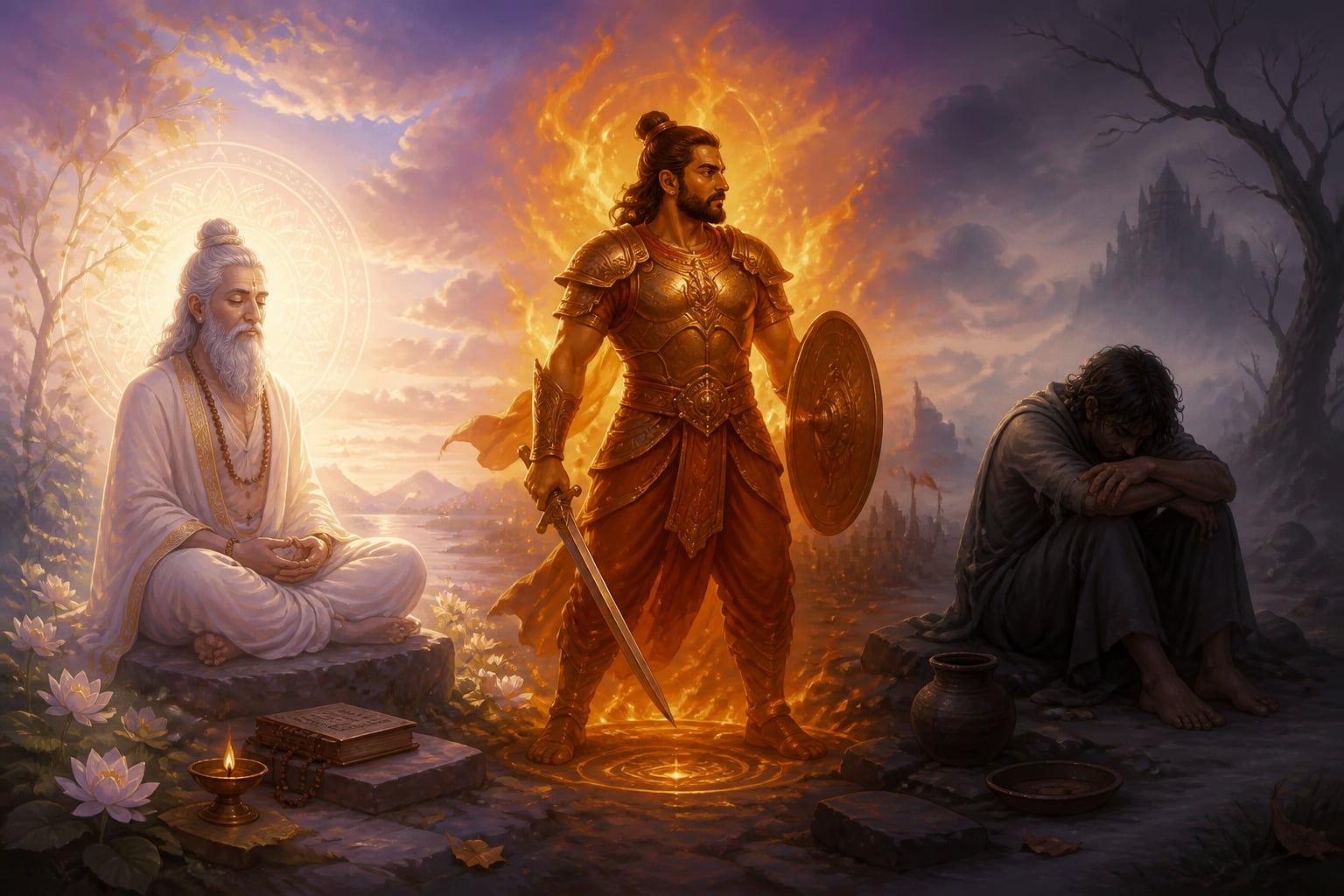 Allegory of the three gunas as sattvic sage, rajasic warrior, and tamasic figure