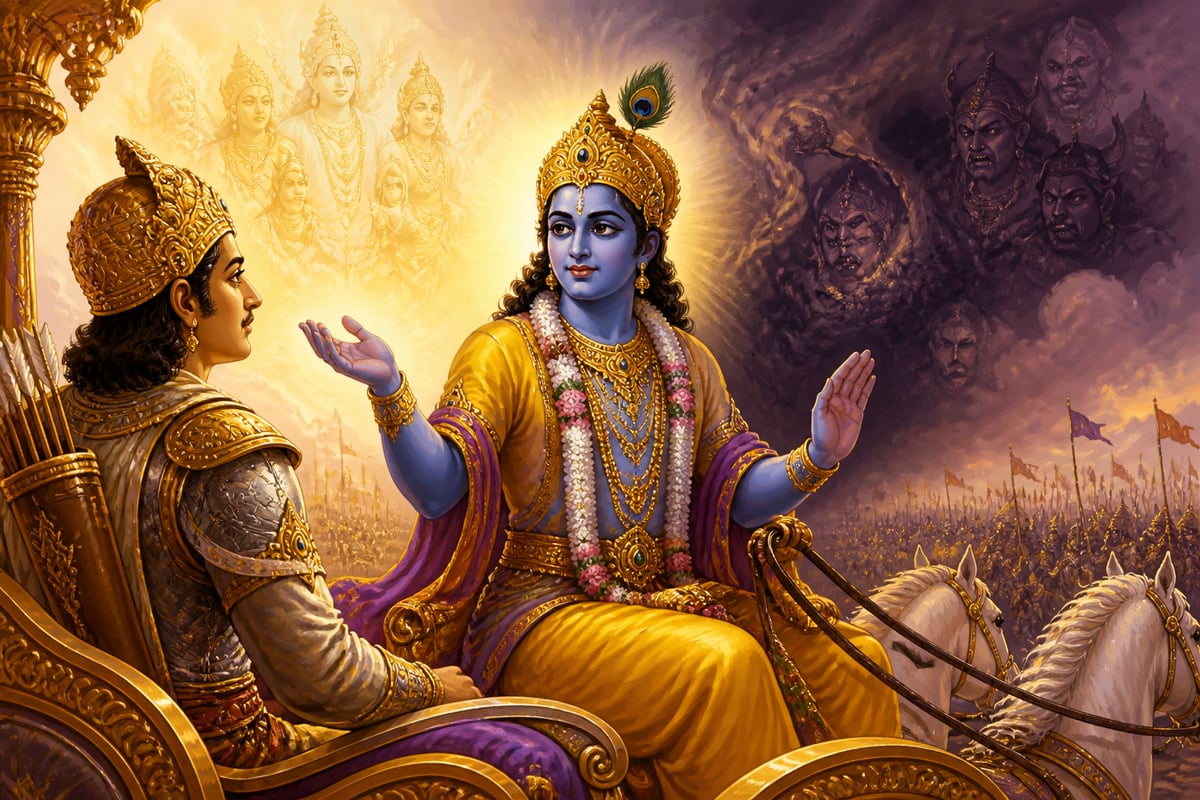 Krishna teaching the contrast of divine and demonic qualities on the chariot