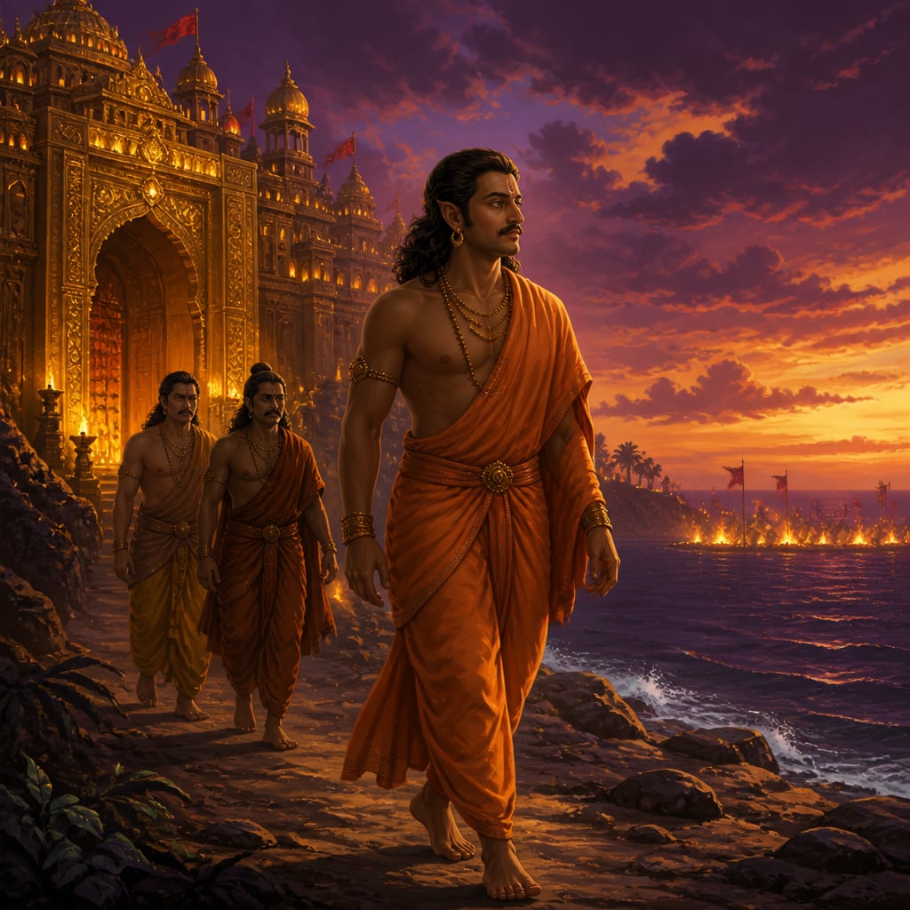 Vibhishana walking away from Lanka toward dharma