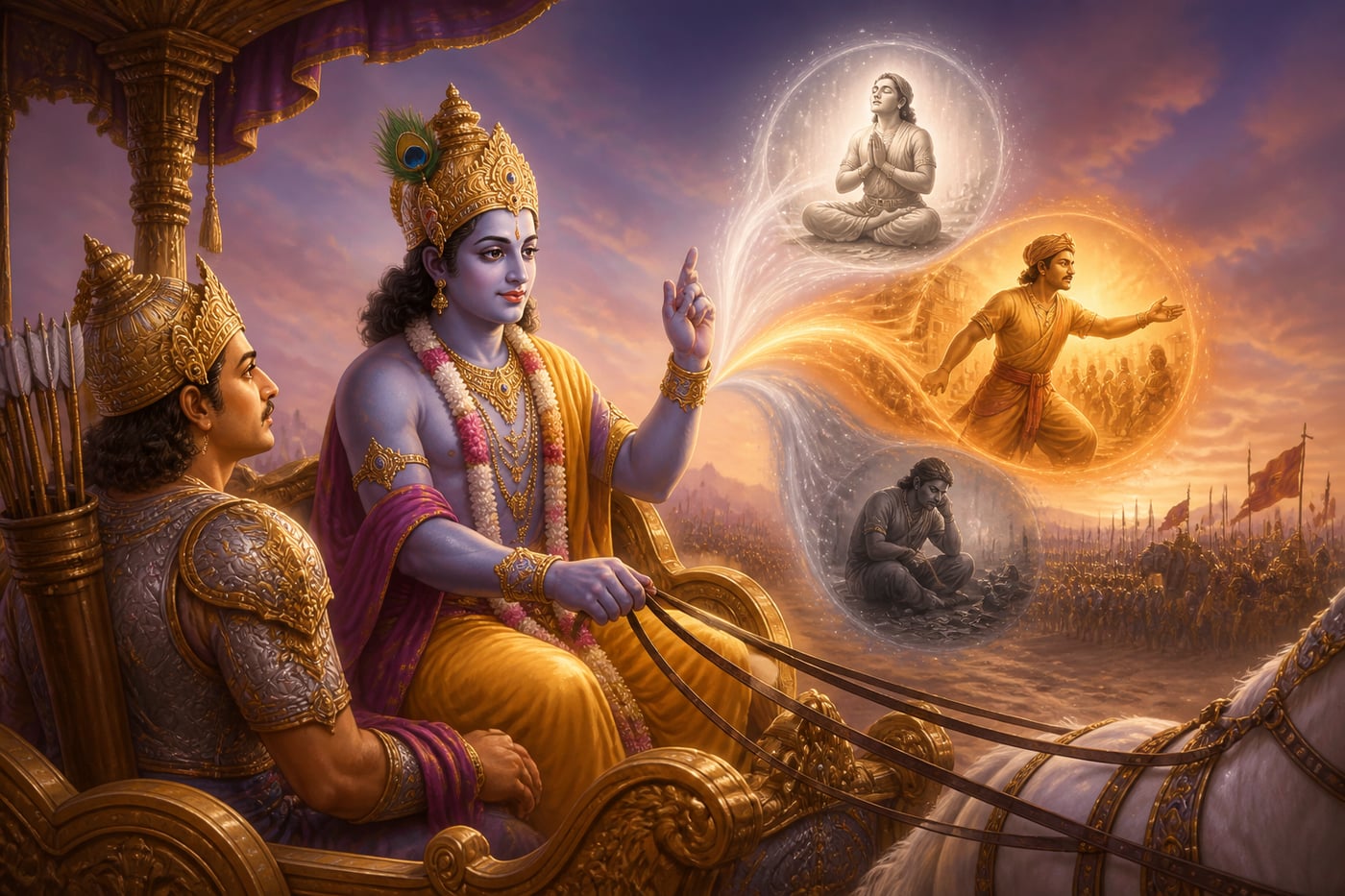 Krishna teaching the three types of faith on the chariot