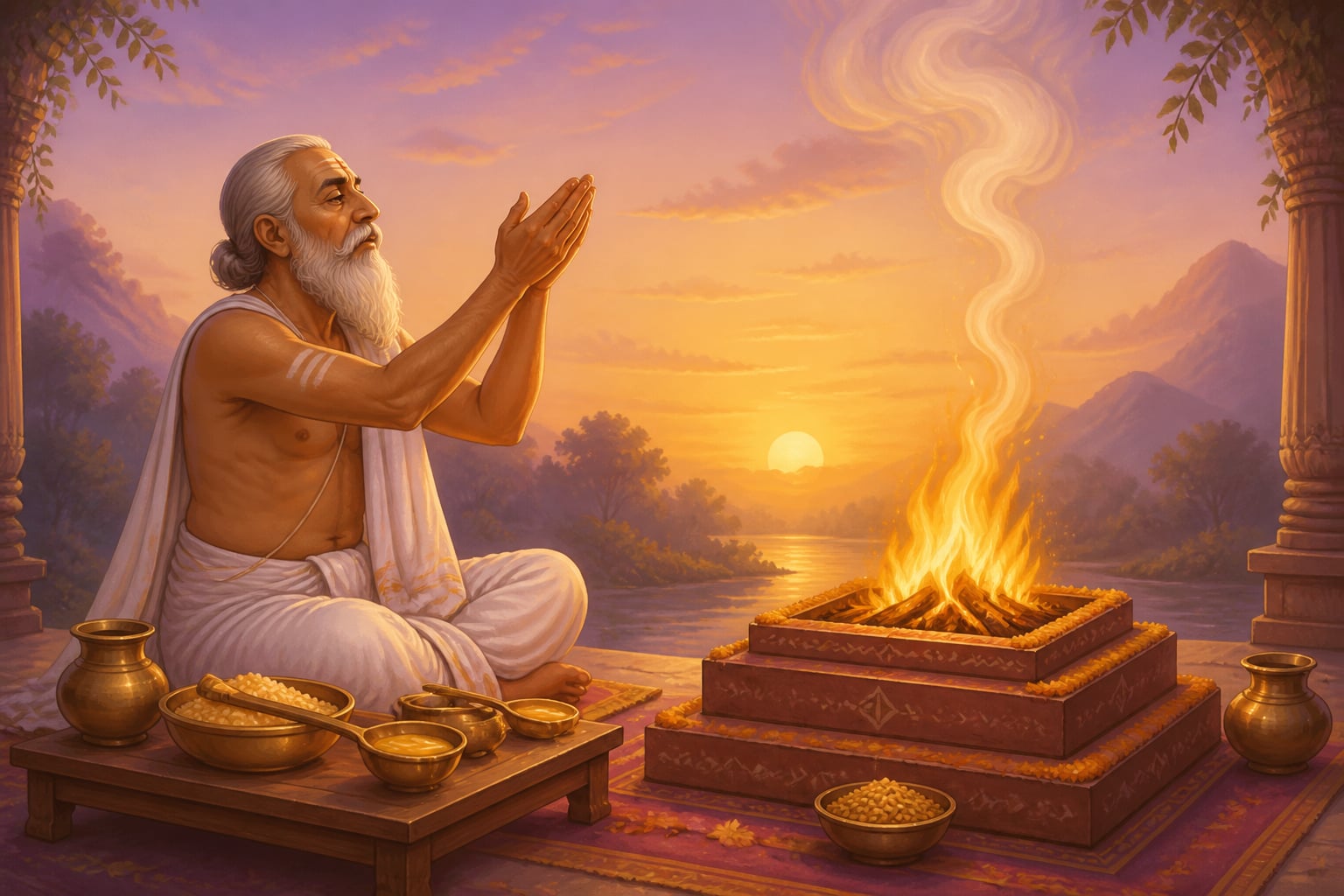 A priest invoking Om Tat Sat at the start of a sacred fire ritual