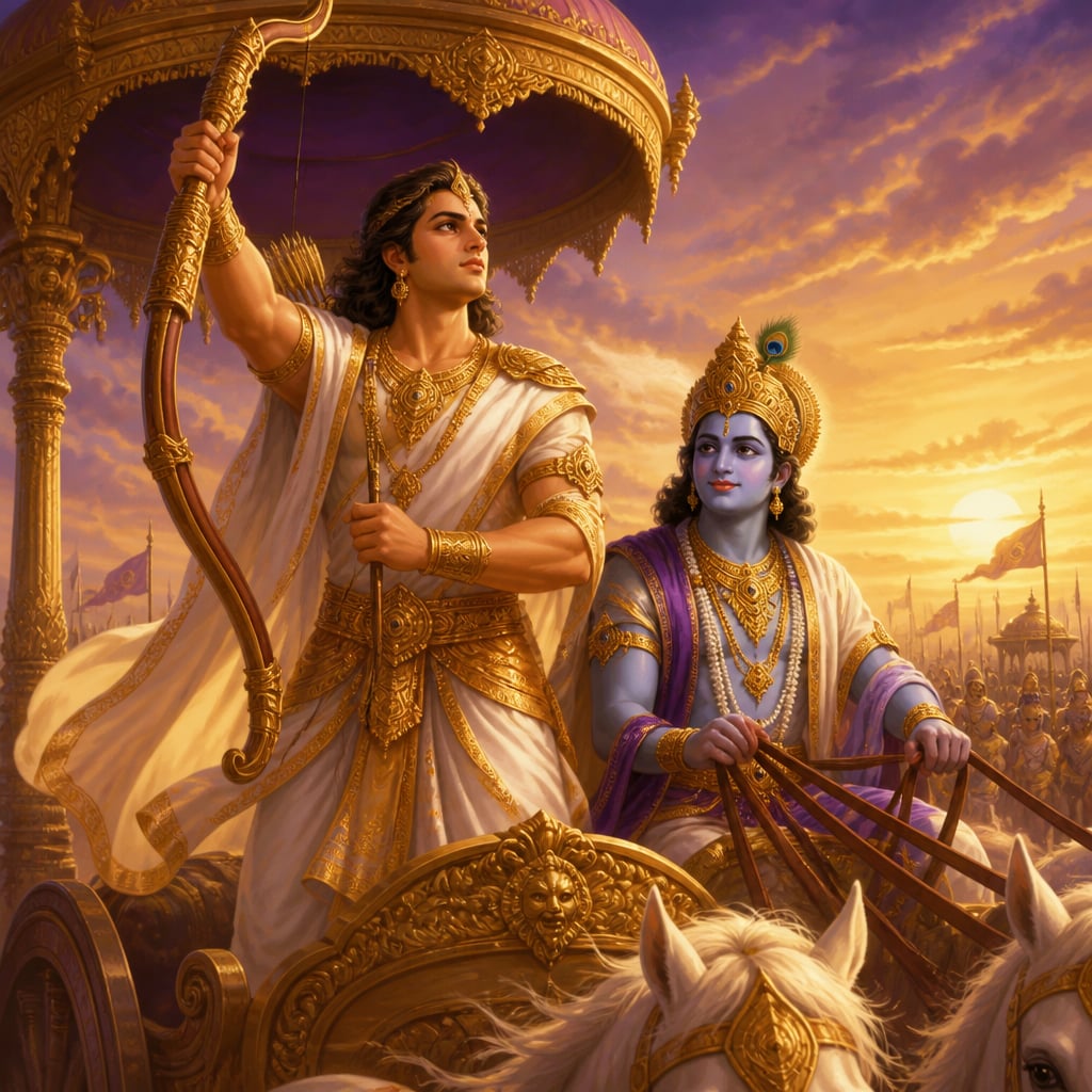 Arjuna lifting Gandiva with resolved clarity after the Gita