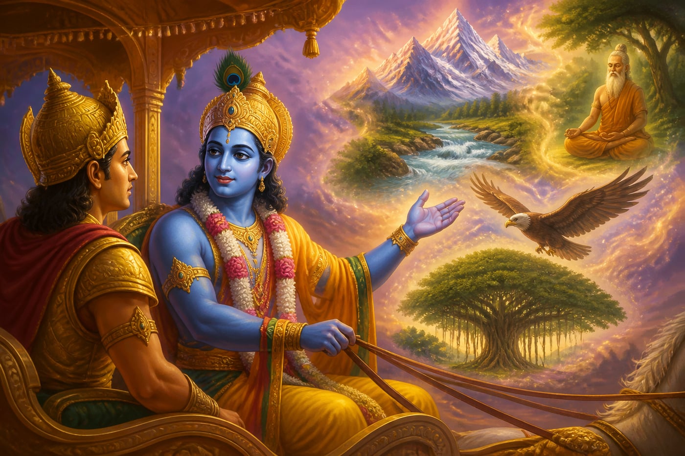 Krishna revealing his vibhuti as visions of natural and human excellence