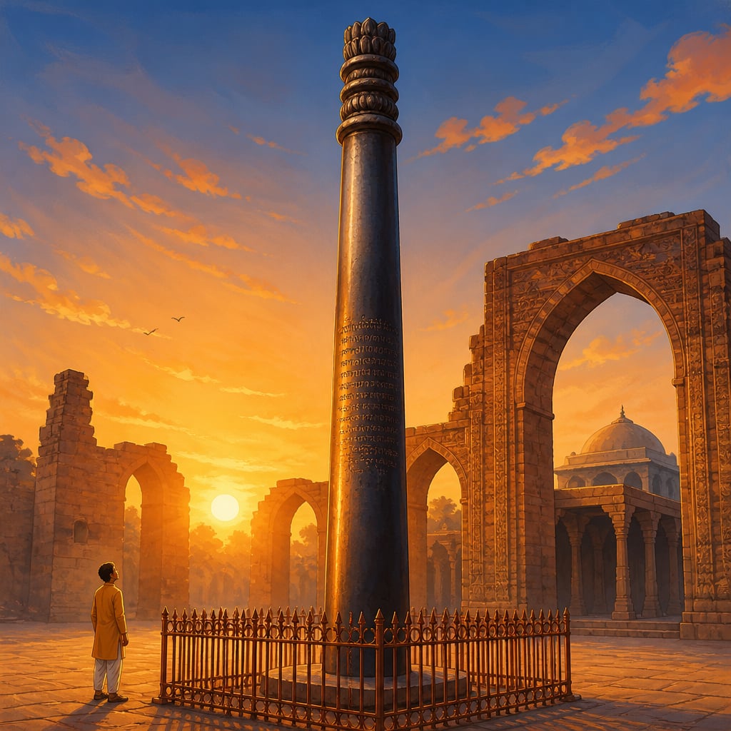 Delhi Iron Pillar at sunrise in the Qutb complex courtyard