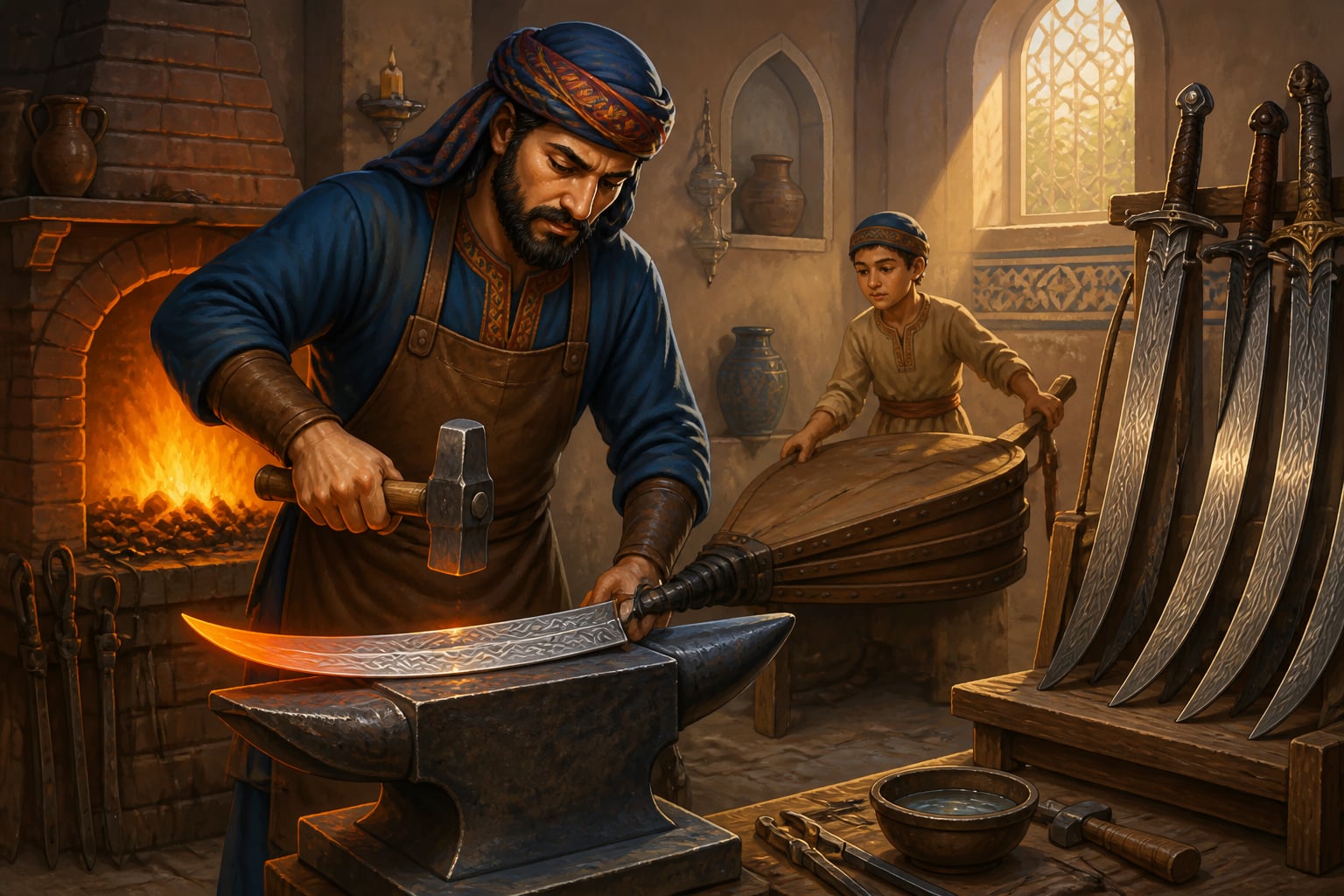 Damascus sword-smith forging a watered-silk wootz blade