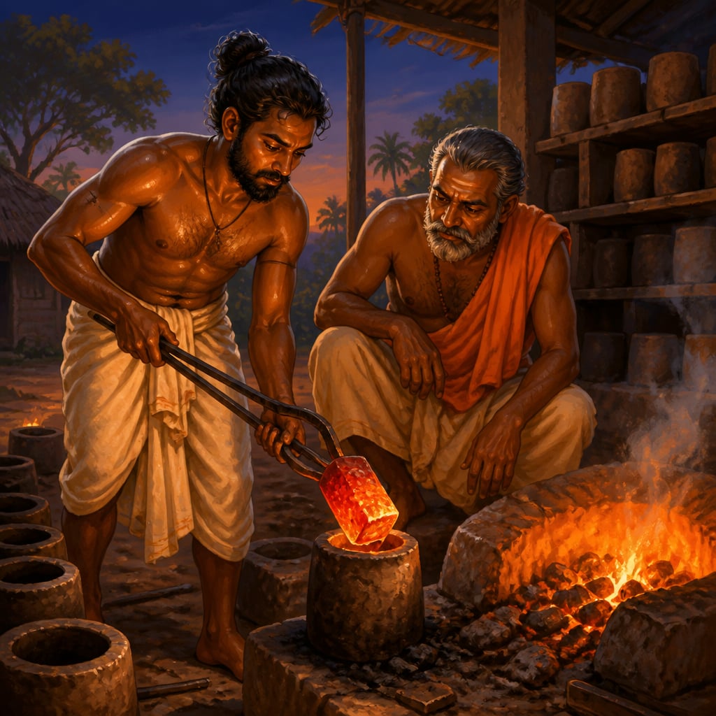 Tamil iron-smith lifting a glowing wootz steel ingot from a clay crucible at dusk