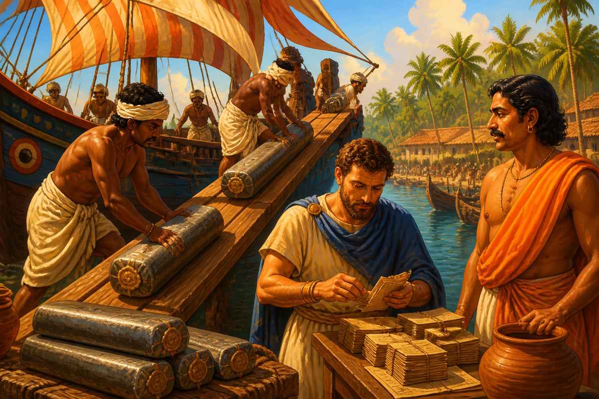 Wootz ingots loaded onto a Yavana ship at Muziris port