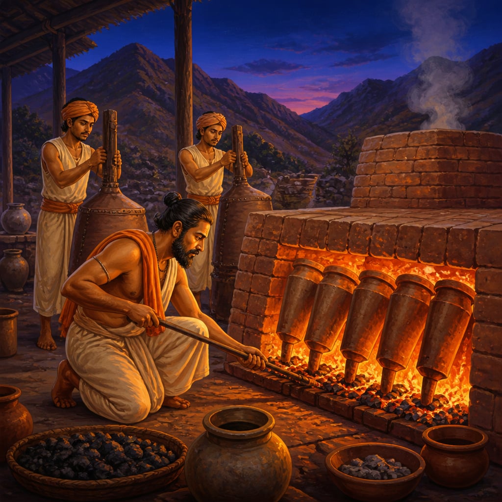 Medieval Indian metallurgist tending zinc distillation retorts at the Zawar furnace
